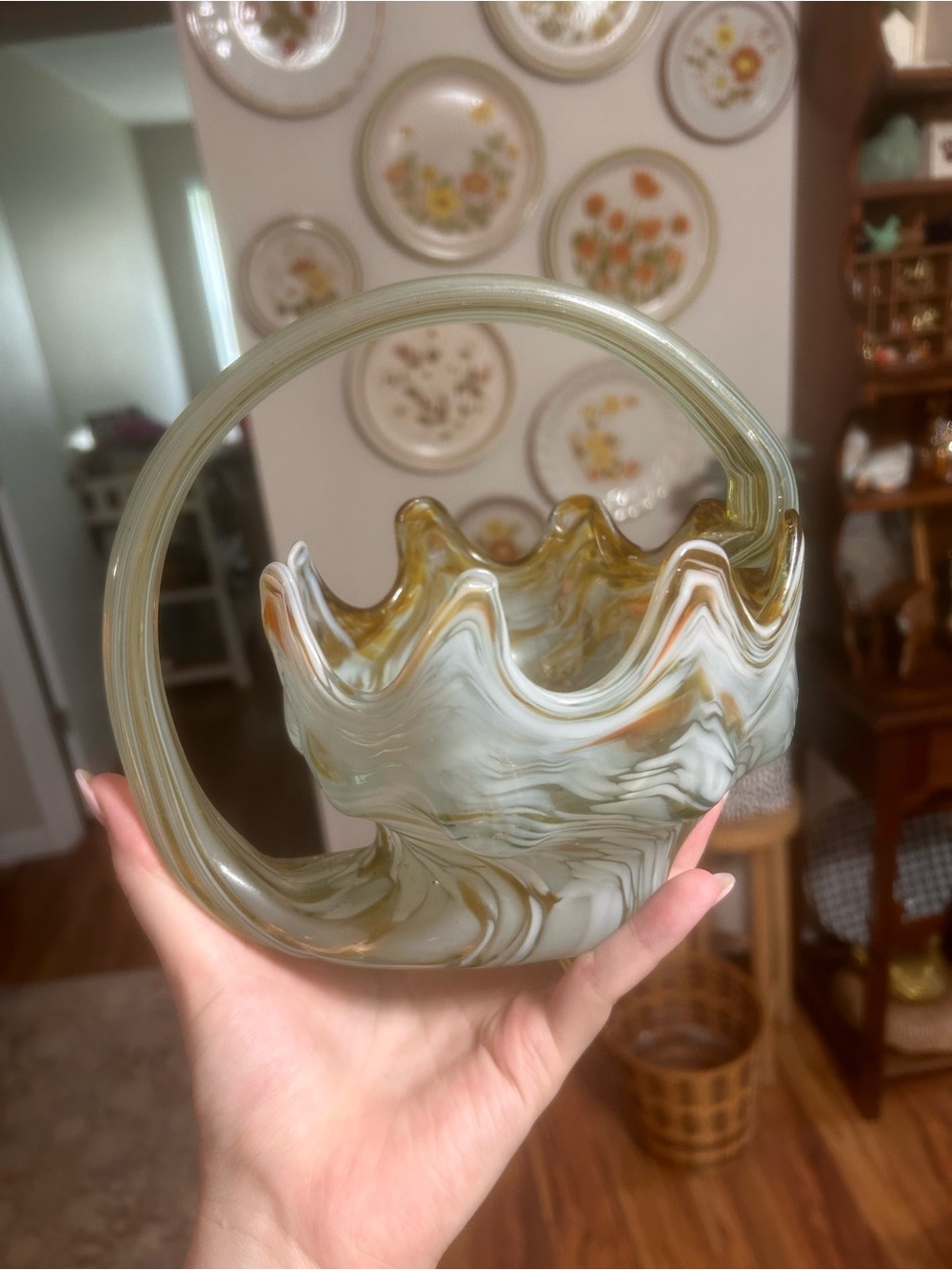 Glass Art Bowl Centerpiece White Clear Almond Swirl Blown Sooner Glass Vintage